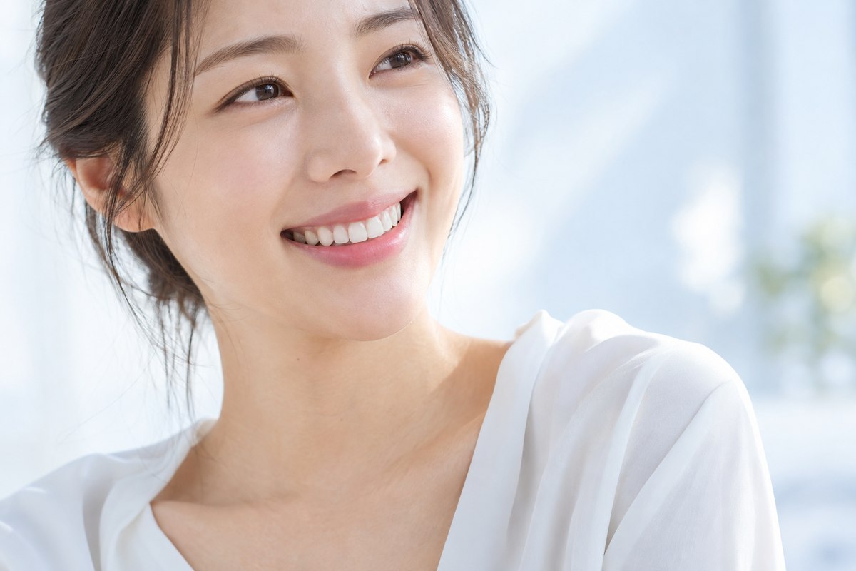 밝게 웃는 여성의 자연스러운 미소